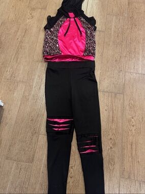 Black & Hot Pink Active Jumpsuit with Cutout Leg Detail
